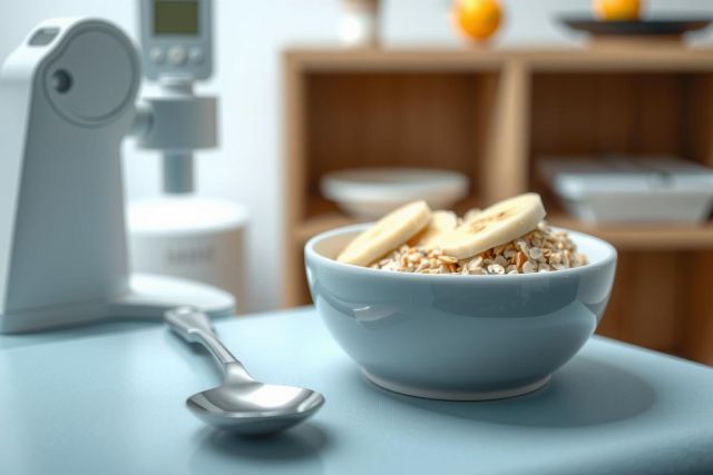 Close-up of a blue bowl of cereal with sliced bananas, resting on a light blue surface. A spoon sits nearby, with a blurred background of shelves. Focus is on breakfast and healthy food.