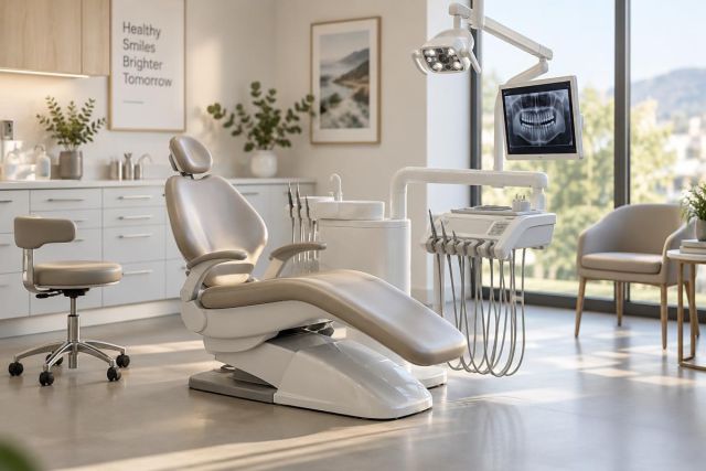 Modern dental operatory with treatment chair, instruments, and panoramic X‑ray monitor by window.