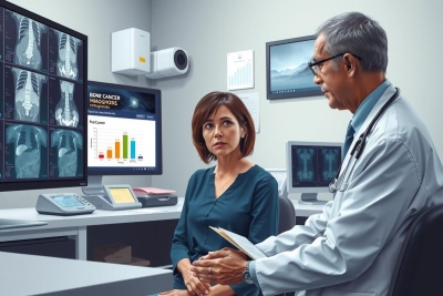 The image depicts a medical office setting where two healthcare professionals, a man dressed in a white coat and a woman wearing a blue scrub, are engaged in what appears to be a consultation or discussion. The man stands on the right side of the image, gesturing with his hands as he speaks to the woman who is seated. Both individuals are focused on their conversation. In the background, there is medical equipment and patient data displayed on screens, suggesting they are reviewing electronic health records or conducting a telemedicine session.