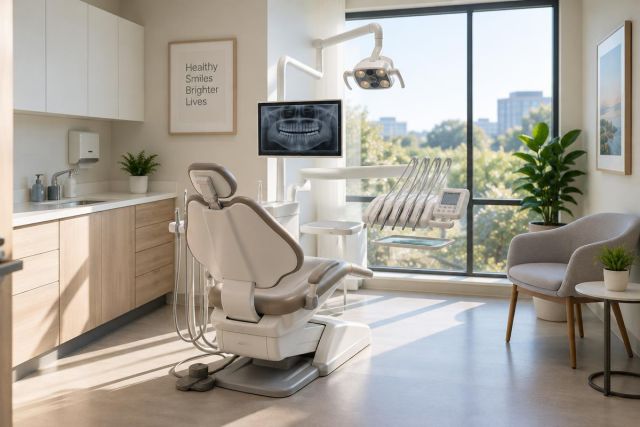 Sunlit dental operatory with treatment chair, instruments, panoramic X‑ray on monitor, waiting chair.