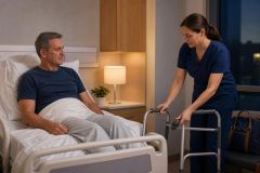 Hospital bedside interaction: nurse assisting male patient with walker during postoperative hip recovery.