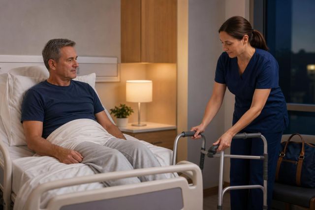 Hospital bedside interaction: nurse assisting male patient with walker during postoperative hip recovery.