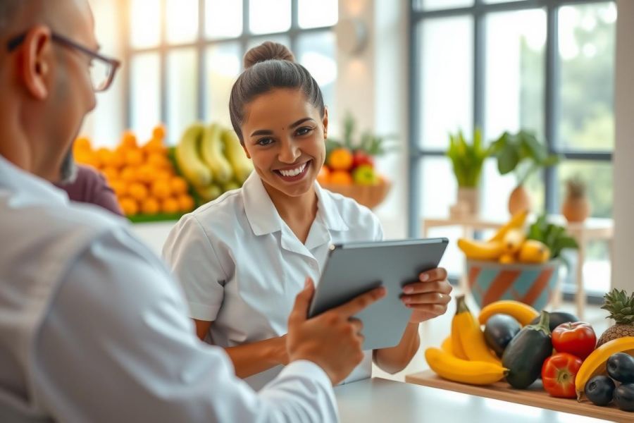 A smiling woman in a white coat holds a tablet in a brightly lit room with fresh fruit and vegetables. The scene suggests a health or nutrition-related setting.