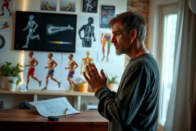 The image depicts a man standing in an office environment. The man, who appears to be middle-aged with short hair, is dressed in casual attire and seems engaged in conversation or perhaps teaching.