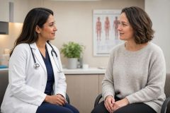 Doctor in white coat consulting attentively with patient in a calm clinic examination room.