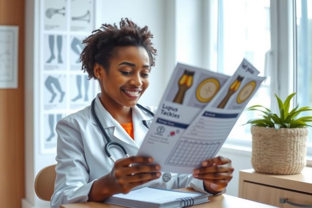 Female doctor examining medical charts in a bright office. She's wearing a white coat and smiling while reviewing patient information. Healthcare professional, medical office setting.