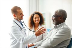 Doctor examining a patient in a bright, modern clinic. A smiling nurse assists during the consultation. Healthcare professionals providing care, showcasing diverse representation and a focus on well-being.