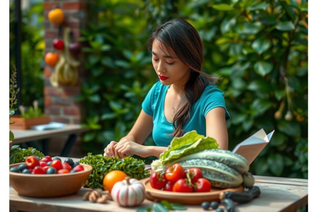 The image shows a woman preparing food outdoors. She is standing at an outdoor dining table that has various bowls of fresh fruits and vegetables, suggesting she is making salad or similar meal.