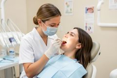 Dentist wearing mask and gloves examines a patient's open mouth with a dental mirror in clinic.