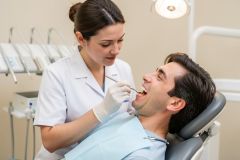 Dentist examines a patient's open mouth with a dental mirror, discussing tooth sensation and care.