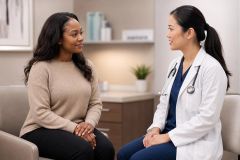 Doctor speaking with patient in clinic consultation room, calm and professional interaction.