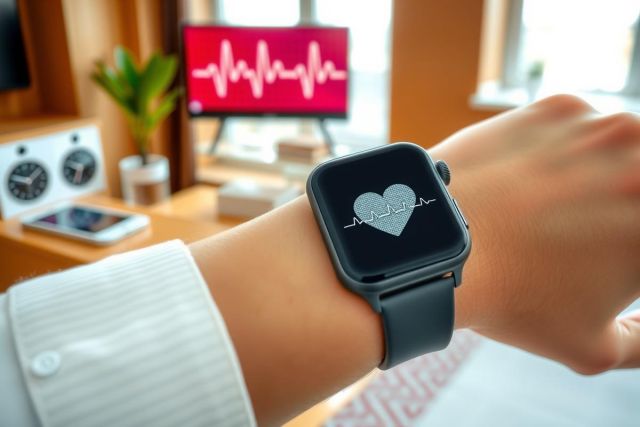 The image features a person's wrist wearing a smartwatch with a heart rate tracking feature. The watch has a health-related design, possibly suggesting a focus on fitness or health monitoring.