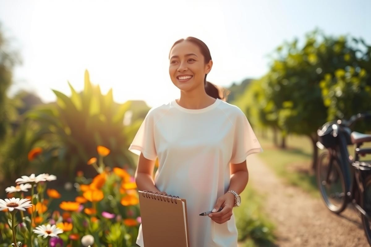 A smiling woman stands in a vibrant garden setting, holding a clipboard and pen. She is casually dressed and seems to be enjoying her time amidst the colorful flowers. The garden scene includes blooming plants of different colors creating a joyful atmosphere.