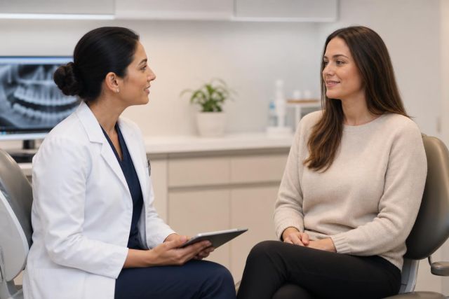 Dental consultation in a clinic with dentist discussing symptoms with a seated patient.