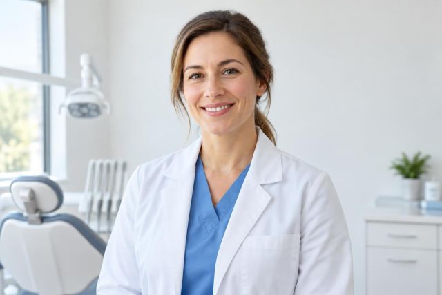 Smiling female dentist in scrubs and white coat standing in modern dental operatory.