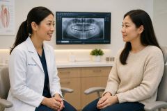 Dentist consults with patient in modern exam room, dental X-ray displayed on monitor.