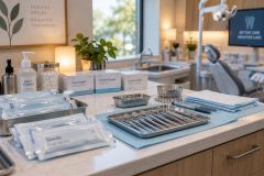 Dental operatory countertop with neatly arranged sterile instruments, masks, gloves, and equipment.