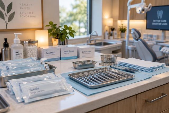 Dental operatory countertop with neatly arranged sterile instruments, masks, gloves, and equipment.