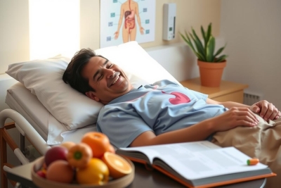 The image depicts a cheerful man, possibly a patient, lying on a hospital bed. He is smiling broadly and appears to be in good spirits despite being unwell. There are various items around him that suggest he's been there for some time: an open book, a bowl of fruit including apples and oranges, a potted plant adding a touch of greenery to the room, and medical documents on the bedside table. The environment seems comfortable and personalized, indicating a positive attitude towards recovery.