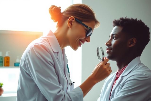 Doctor examining a patient with a stethoscope. Healthcare professionals in a clinic setting. White lab coats, medical equipment visible. Focus on patient care and medical consultation.