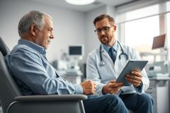 Doctor consults with elderly patient in a modern, bright medical clinic. A physician in a white coat uses a tablet while discussing health concerns with a senior man. Healthcare, consultation, and patient care themes are prominent in this image featuring neutral colors and a professional setting.