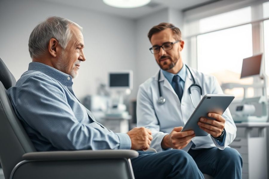 Doctor consults with elderly patient in a modern, bright medical clinic. A physician in a white coat uses a tablet while discussing health concerns with a senior man. Healthcare, consultation, and patient care themes are prominent in this image featuring neutral colors and a professional setting.