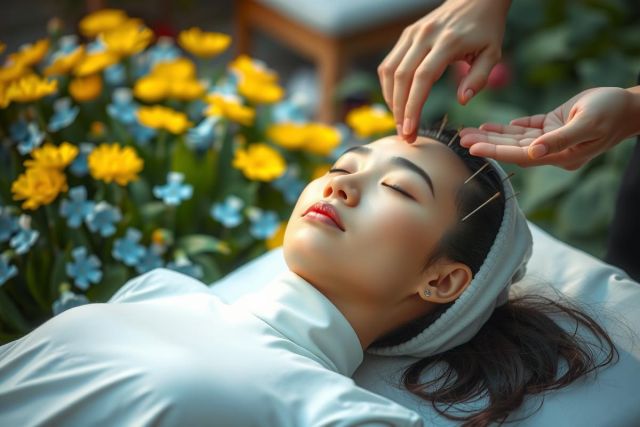 The image shows a woman receiving a facial treatment in a serene environment. A therapist is applying acupressure on her face, which suggests the photo might be used to advertise beauty services or skincare treatments. The scene has a tranquil feel with natural lighting that creates soft shadows and highlights. Colors are warm and soothing, with flowers adding a touch of nature and color vibrancy to the setting.