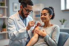 Doctor examining a patient's arm wound in a bright, modern clinic setting. The healthcare professional, wearing a white coat and glasses, is carefully tending to the injury. Neutral colors and a focus on medical care highlight this wellness scene.