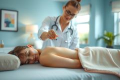 A female doctor examines a patient's back, wearing a stethoscope. The scene shows a medical examination in a brightly lit room with a blue background.
