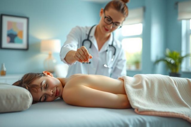A female doctor examines a patient's back, wearing a stethoscope. The scene shows a medical examination in a brightly lit room with a blue background.