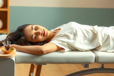 The image shows a woman lying on her back on a massage table, appearing relaxed and possibly enjoying a massage or skincare treatment. She has closed eyes and seems to be in a state of rest or tranquility.