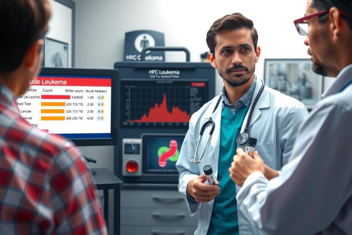 The image portrays a professional healthcare setting, likely an office or clinic. There are two individuals engaged in what appears to be a discussion related to patient data. One individual is dressed in formal medical attire including a white lab coat, suggesting they may be a doctor or healthcare professional. The other person's clothing is more casual.