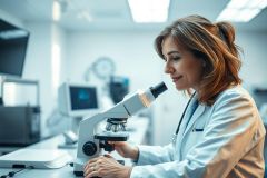 Female scientist in a modern laboratory examining a microscope. The image showcases research, medical science, and a clean, bright environment with white walls and equipment. Focus on scientific discovery and healthcare.