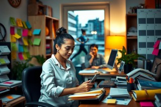 The image shows a woman in an office environment, engaged with her work. She is seated at a desk with various items including a laptop, books, and papers. The room appears to be well-lit and includes shelves with numerous files and folders organized neatly. There's another individual visible in the background who seems to be moving around the office. The setting suggests a professional atmosphere where tasks are being completed using digital and physical resources.