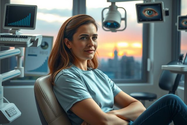 A young, smiling woman seated in a high-tech ophthalmic examination room. The room is equipped with various medical devices such as an autorefractor and slit lamp. The view from the window shows the sunset over the city skyline.