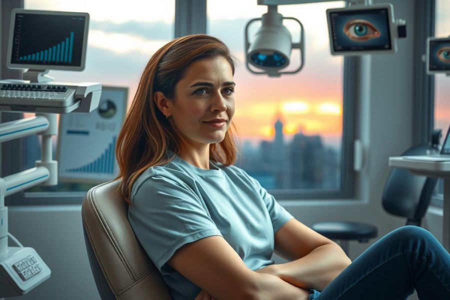 A young, smiling woman seated in a high-tech ophthalmic examination room. The room is equipped with various medical devices such as an autorefractor and slit lamp. The view from the window shows the sunset over the city skyline.