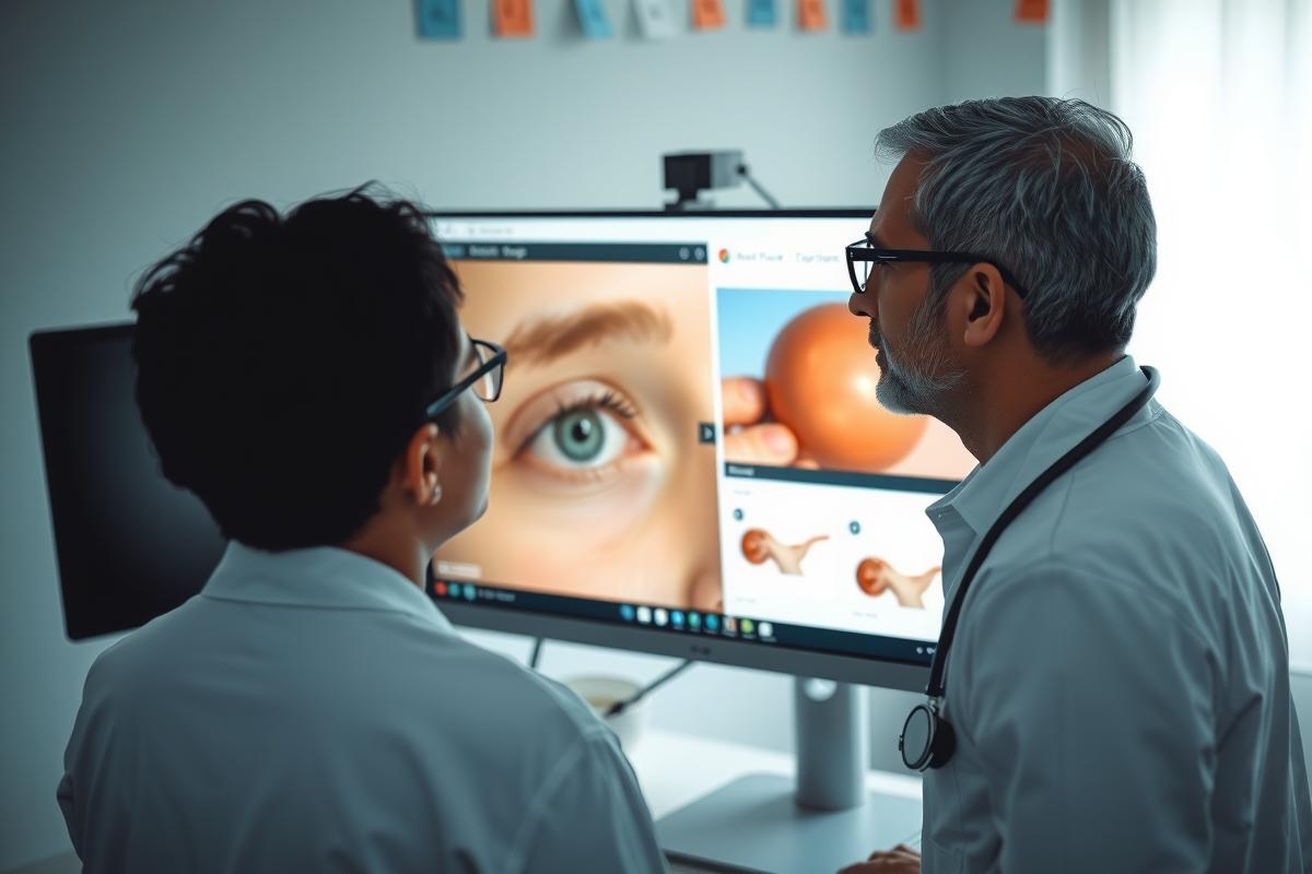 Two people in a clinical environment, one displaying an image on a computer screen to the other. The person showing the image has a magnifying glass, suggesting examination of something small or intricate.