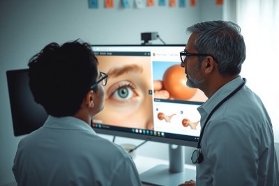 Two people in a clinical environment, one displaying an image on a computer screen to the other. The person showing the image has a magnifying glass, suggesting examination of something small or intricate.