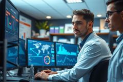 Two men, wearing white lab coats, sitting at a desk with multiple computer monitors displaying charts and graphs, suggesting they are analysts or scientists studying data in an advanced technology room.