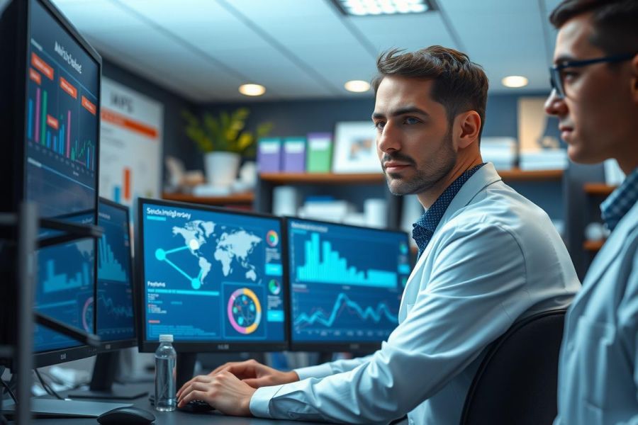 Two men, wearing white lab coats, sitting at a desk with multiple computer monitors displaying charts and graphs, suggesting they are analysts or scientists studying data in an advanced technology room.