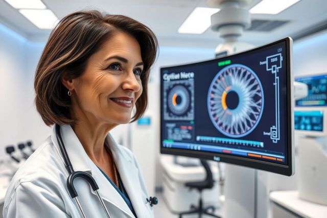 Female ophthalmologist in a modern clinic examining an eye scan on a monitor. The image showcases medical technology, eye care, and a professional healthcare setting with blue and white tones. Focus on diagnostics and vision health.