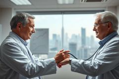 Doctor examining patient with stethoscope in modern medical office. Two men in white coats, one listening to the other's heartbeat. Urban skyline view in the background. Healthcare, medical checkup, and professional consultation scene. Blue and white tones dominate the image.