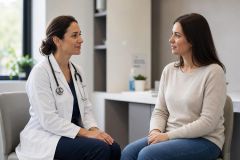 Doctor and patient seated in clinic discussing respiratory symptoms, calm professional consultation setting.