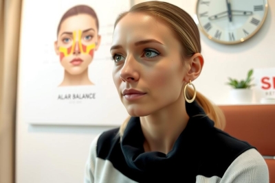 The image shows a woman in an office setting. She is seated at a desk with a computer monitor and various items related to beauty or healthcare products visible on the desk. The woman appears to be engaged in conversation, possibly discussing these products. There's also text that seems to indicate 'AI Skin Care.' Her expression is neutral, and she is wearing makeup on her face, suggesting a professional environment related to beauty or skincare.