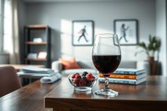 Elegant still life featuring a glass of red wine and fresh berries on a wooden table. Set in a modern, bright living room with neutral gray tones and framed artwork. A cozy and sophisticated scene perfect for wine lovers and interior design inspiration.