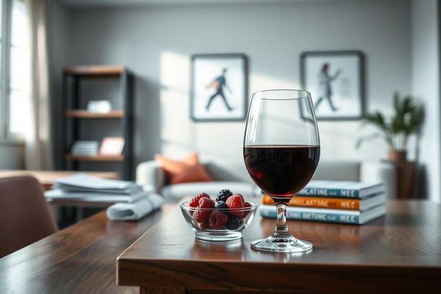Elegant still life featuring a glass of red wine and fresh berries on a wooden table. Set in a modern, bright living room with neutral gray tones and framed artwork. A cozy and sophisticated scene perfect for wine lovers and interior design inspiration.