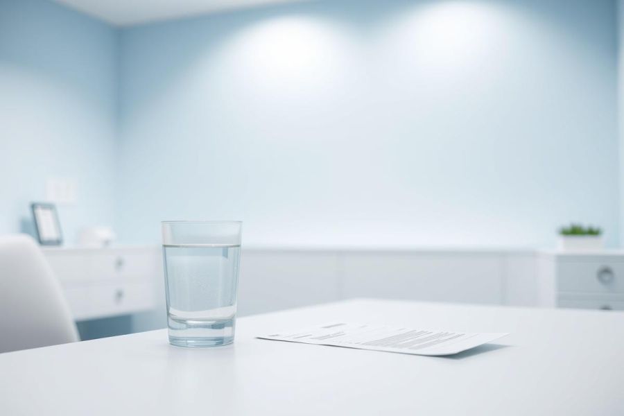 A glass of clear water sits on a white table in a bright, light blue room. A document rests nearby. Minimalist office or medical waiting room setting with a clean, modern aesthetic. Focus on water, white, and blue tones.