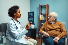 Doctor shows patient brain scan during consultation. Medical professional explaining diagnostic image in clinic setting. Healthcare, diagnosis, neurological exam.