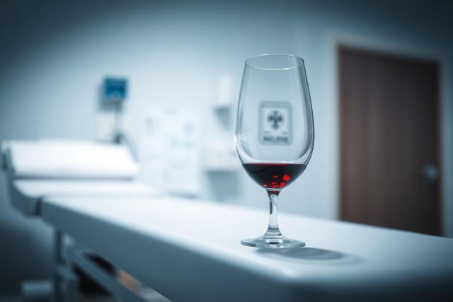 Close-up of a glass of red wine on a hospital bed table. The scene has a cool, blue-toned aesthetic with a blurred medical room background. Focus is on the wine glass, symbolizing comfort or celebration in a healthcare setting.