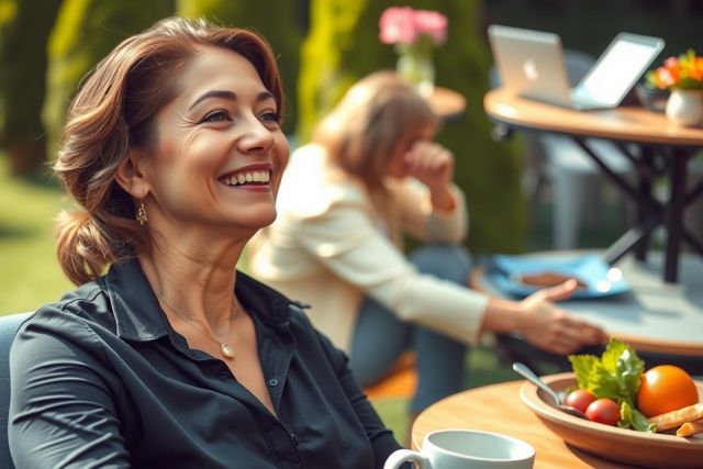 The image shows a smiling woman enjoying her time outdoors. She is sitting at a wooden table with a plate of fruit, indicating a relaxed and pleasant atmosphere.